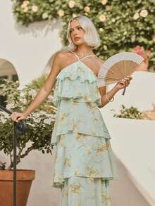 L'Amorae Halter Neck Ruffle Tiers Floral Green Chiffon Luxury Open Back Dress Wedding Guest Vacation Getaway, Dresses For Women, Elegant Long - Green - View 5