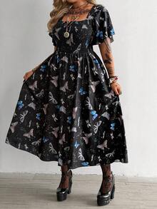 Whyspr Dark Butterfly Lantern Sleeve Square Neck Maxi A-Line Dress - Black - View 5