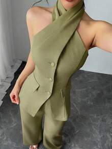 Modelyn 女士优雅露背吊带上衣和裤子两件套，夏季 - 綠色 - 查看 3