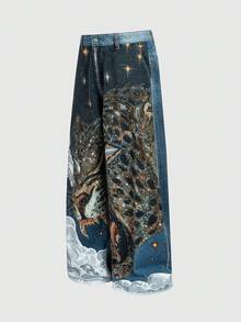 Street Life Men's Tiger Rhinestone Embellished Casual Versatile Daily Wear Distressed Denim Jeans - Blue - View 3