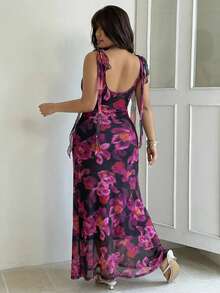 GalTyme Plus Size Women's Floral Print V-Neck Elegant Waist Cinched Party Dress, Spring/Summer - Multicolor - View 2