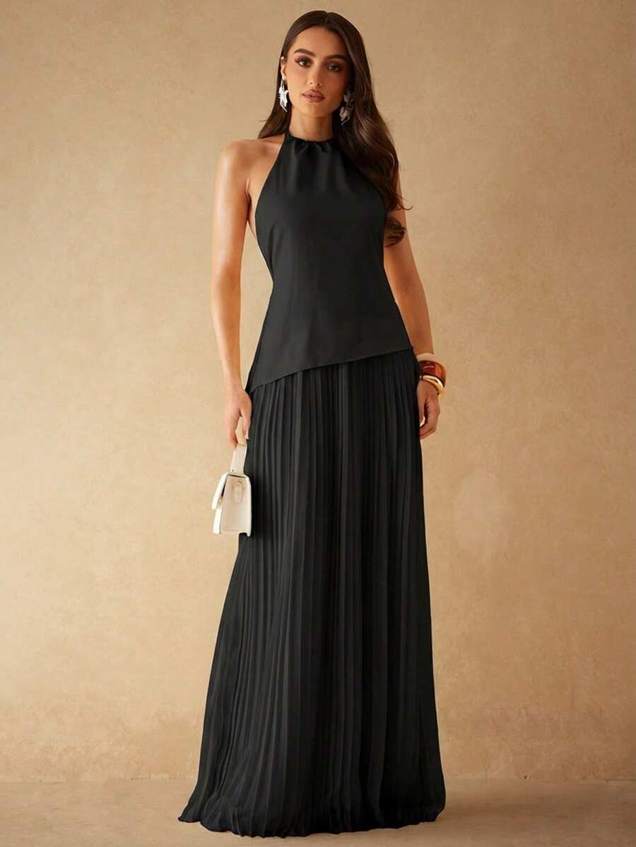 Silquee Elegant Black Summer Party Night Tie-Neck Ruched Waist A-Line Dress,Sleeveless Vacation,Beach,Nightclub,Cocktail,Wedding Guest,Bridesmaid,Graduation - Black - View 1