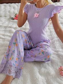 Bộ đồ ngủ CottageSlumber cổ chữ V tay ngắn sau lưng + quần dài họa tiết hoa nhí jacquard - Nhiều màu - Xem 7