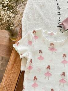 SHEIN LMoss Kids 新生女宝宝夏季休闲碎花荷叶边圆领短袖上衣和裤子四件套针织睡衣套装 - 粉色 - 查看 6