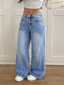 SHEIN PETITE PETITE 女款 Y2K 高腰阔腿牛仔裤，浅蓝色酸洗爱心印花细节，宽松牛仔裤，带口袋，完美打造街头风和日常穿搭。女士休闲宽松阔腿蓝色牛仔裤，复古牛仔裤，海军蓝牛仔裤，蓝色返校季牛仔裤，喇叭裤型女式牛仔裤。 - 藍色 - 查看 7