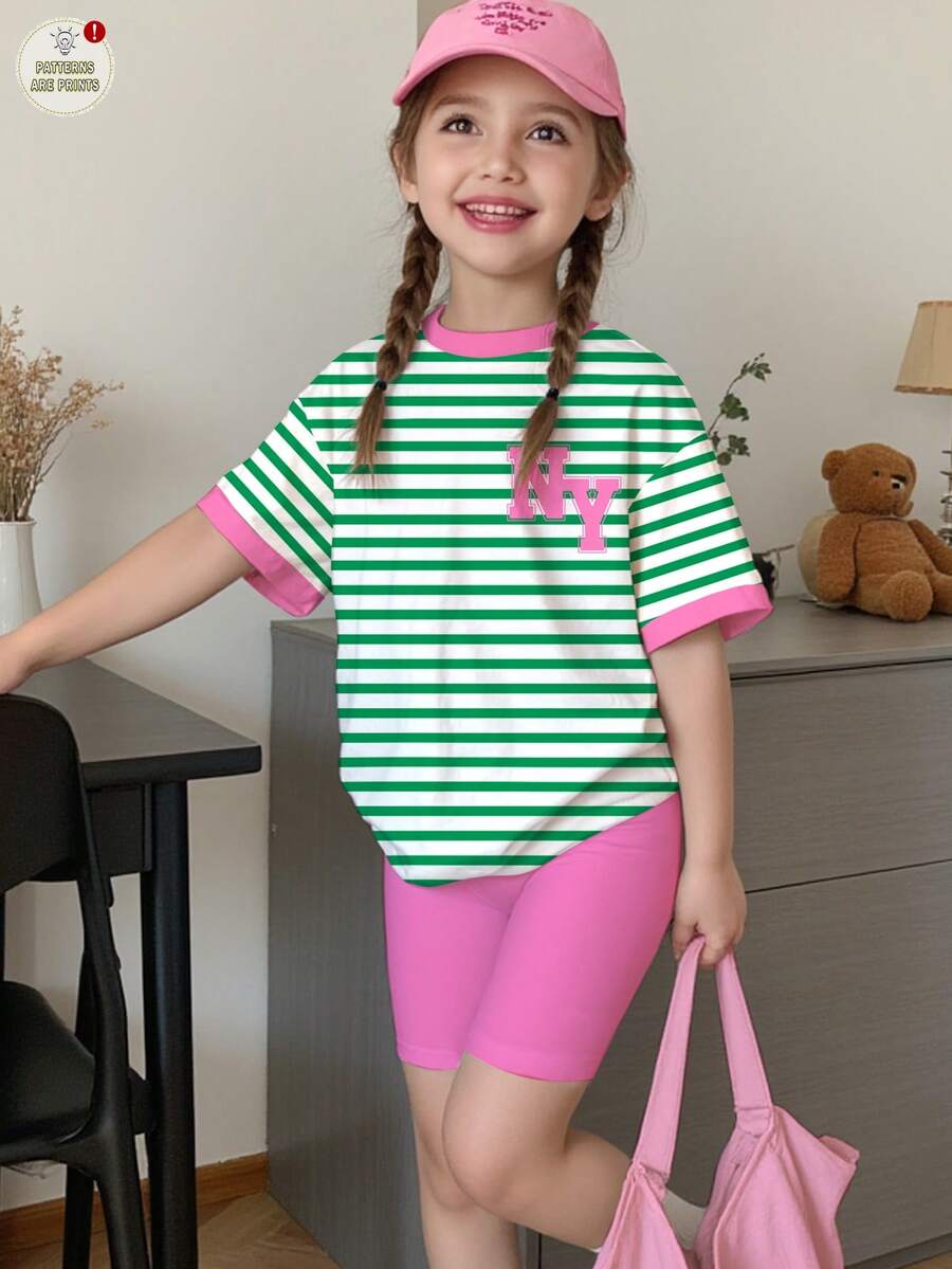 SHEIN 2件套少女休闲简约美式复古风英文标语NY,经典条纹奶油粉和清新绿,时尚运动短袖T恤和短裤套装,适合夏季,姐妹装,适合度假、派对和日常穿着 - 彩色 - 查看 1