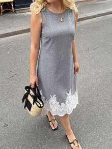 Dripcurv Plus-Size Color-Blocked Lace-Trimmed Round Neck Sleeveless Dress Plus Size Dress Elegant Dress,Festival Outfits For Women,Graduation Dresses,Elegant Dress For Women,Vacation Outfits Women,Ormal Dresses For Women - Light Grey - View 1