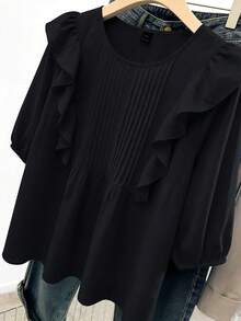 GlowEve CURVE Plus Size Women Solid Color Patchwork Ruffle Pleated Design Loose Blouse - Black - View 5