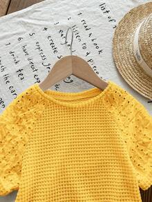 SHEIN LMoss Kids Young Girl Knit Patchwork Woven Hollow Out Raglan Sleeve Fitted T-Shirt - Yellow - View 3