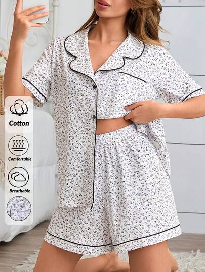 SHEIN Women's Cotton Floral Print Pajama Set Short Sleeve Button-Up Top & Shorts Contrast Piping Summer Sleepwear