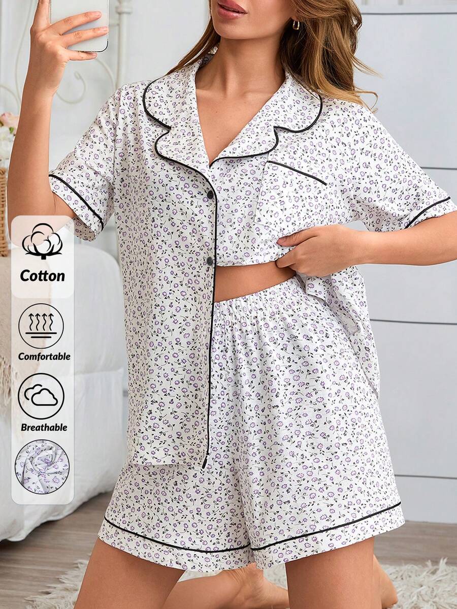 SHEIN Women's Cotton Floral Print Pajama Set Short Sleeve Button-Up Top & Shorts Contrast Piping Summer Sleepwear - Multicolor - View 1