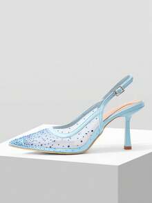 Mnmlis Women's High Heel Pointed Toe Rhinestone Mesh Stilettos, Sexy & Fashionable Spring Shoes Spring Break Easter Prom Heels - Light blue - View 1