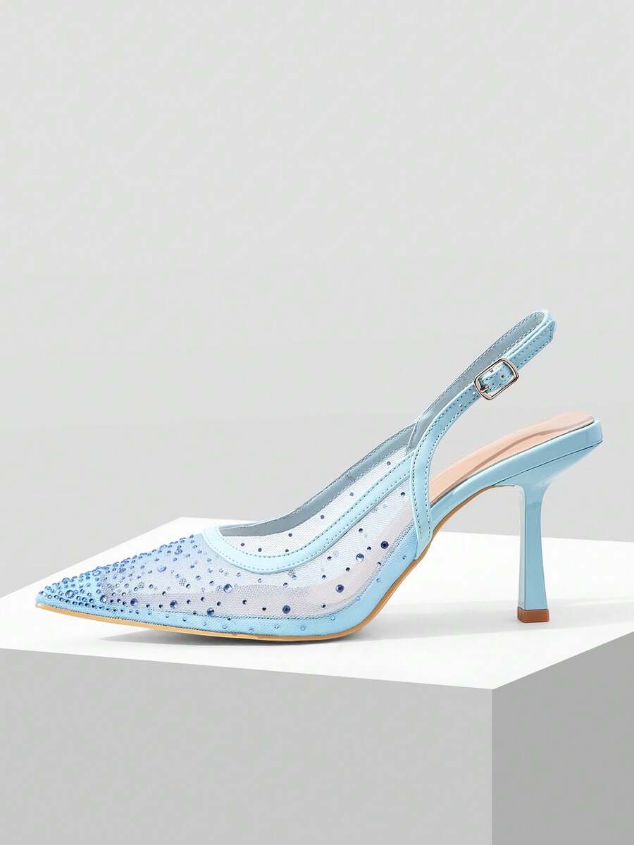Mnmlis Women's High Heel Pointed Toe Rhinestone Mesh Stilettos, Sexy & Fashionable Spring Shoes Spring Break Easter Prom Heels - Light blue - View 1