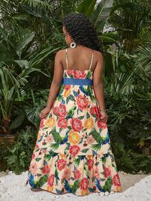 SHEIN Tween Girls' Summer Vacation Casual Tropical Print Camisole Dress, Suitable For Holiday & Beach - Apricot - View 2