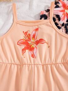 SHEIN Playful Pals 3件套女童夏季新款2025碎花印花及纯色连体短裤套装，简约时尚度假风 - 橘色 - 查看 3