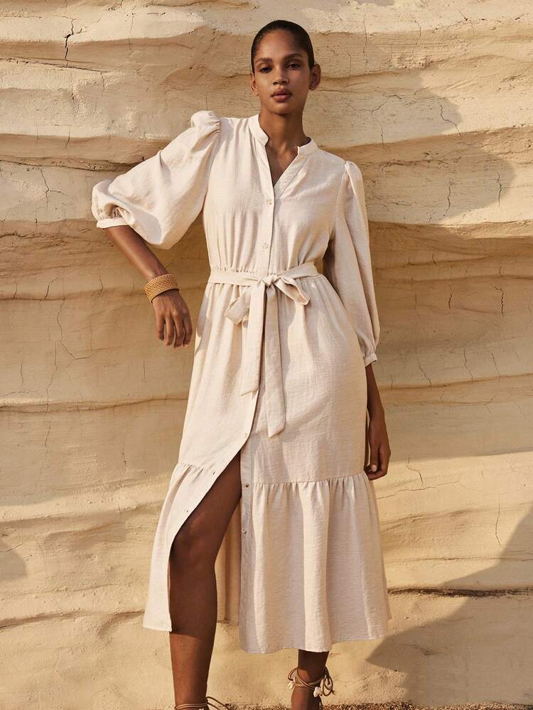 SHEIN Maija MAIJA Women's Beige Linen Tie Waist A-Line Midi Dress,Autumn Elegant Tea Party Holiday Summer Vacation Country Concert Outfit Modest Resort Wear