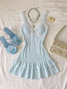 Elamini Đầm ren xếp tầng mùa hè, áo tanktop ren nữ, áo hai dây. - Màu xanh lam - Xem 4