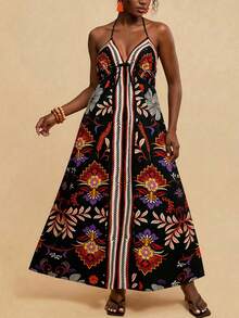 Travachic Plus Size Floral Print Open Back Dress For Women, Spring & Summer, Summer Outfits For Women, Beach Outfits For Woman, Women, Spring Break, Concert Outfit Women, Boho, Rave Outfits, Tropical Vacation - Black - View 2