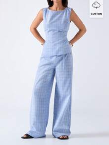 LYSMO 2026 New Arrive Minimalism Spring/Summer Women's Plaid Round Neck Sleeveless Top And Pants Casual 2 Pieces Set - Navy Blue - View 6