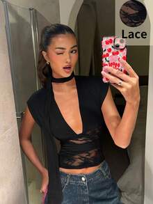 Siren Gaze New Summer Style Women's Top With Two-Way Lace Trim, Sexy Backless Halter Neck Lace V-Neck Top, Sleeveless Slim-Fitting Sheer Mesh Short T-Shirt, Elegant Women's Top. Tops For Women Summer Cute Women Summer Outfits Sexy Tops For Ladies - Black - View 9