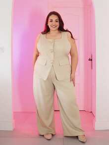 Pretty and Ole Plus Size Women Metal Floral Decor Vest And Pants Elegant 2 Pieces Set,Business Casual Woman - Khaki - View 5