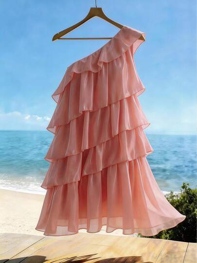 EMERY ROSE Party Style Dusty Pink A Line Mini Dress For Women Sleeveless Asymmetrical Neck Tiered Layer Design