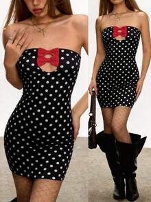 Rina Fox 女士波点蝴蝶结无肩带迷你连衣裙，露背褶皱A字派对夜店连衣裙 - 彩色 - 查看 1