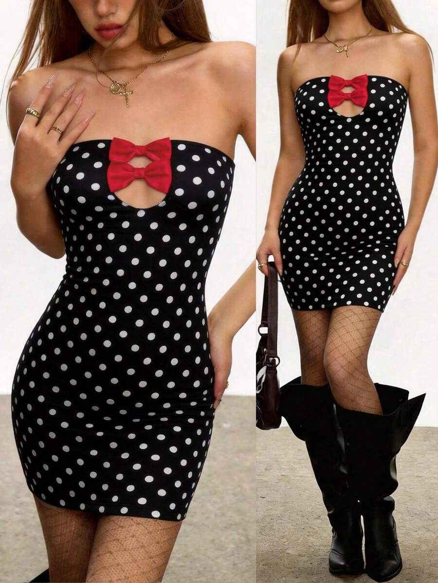 Rina Fox 女士波点蝴蝶结无肩带迷你连衣裙，露背褶皱A字派对夜店连衣裙 - 彩色 - 查看 1