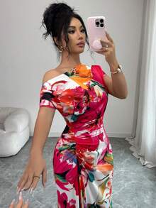 Flora Isola Flora Isola 女士新款时尚优雅简约印花不对称肩部及腰部荷叶边腰带A字长裙，适合通勤、新年、街头风、法式浪漫、休闲、中东复古、下午茶、派对、感恩节、返校季、春夏等场合。 - 彩色 - 查看 6