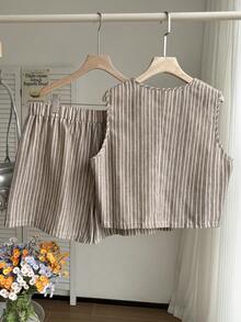 Comfortcana Plus Size Women Spring/Summer Striped Single-Breasted Vest And Shorts Suit Set Ladies Summer Outfit Striped Two Piece Set Two Piece Short Set Women Striped Vest And Shorts Set - Khaki - View 2