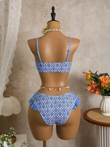 Bellisia 女士夏季沙滩印花荷叶边性感比基尼套装 - 藍色 - 查看 2