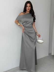 YkhahaYkhahaFirerie Vestido elegante asimétrico de hombro con pliegues y bajo de cola de sirena en color verde, adecuado para citas, vacaciones, bodas, eventos, regreso a la escuela, graduación, vestido de dama de honor formal, vestido de invitada de boda para mujerYkhahaYkhaha - Gris - Ver 3