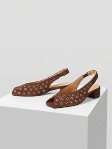 Mnmlis French Retro Fashion Rivet Square Toe Low Heel Sandals Women's 2026 New Versatile Comfortable Slip-On Shallow Sandals - Brown - View 2