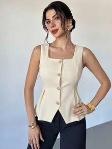 DAZY Chaqueta fina sin mangas de unicolor y textura elegante para mujer, de verano - Beis - Ver 9