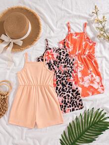 SHEIN Playful Pals 3件套女童夏季新款2025碎花印花及纯色连体短裤套装，简约时尚度假风 - 橘色 - 查看 2
