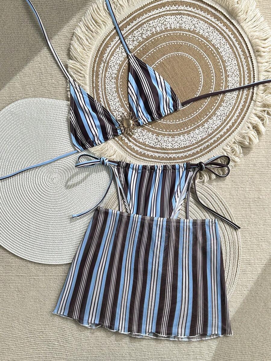 Bonvoyette Set de 3 piezas de traje de baño de mujer con estampado de rayas y aleatorio para el verano - Multicolor - Ver 1