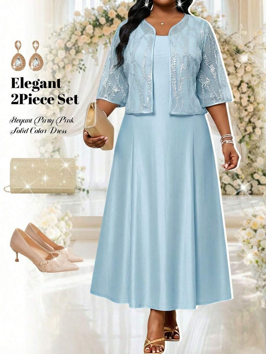 Fleurora Plus Size Sky Blue Elegant Wedding Guest 2-Piece Set Women's Mesh Short Sleeve Cardigan Top And Sleeveless Dress,Summer Wedding&Party Luxury Evening - Baby Blue - View 1