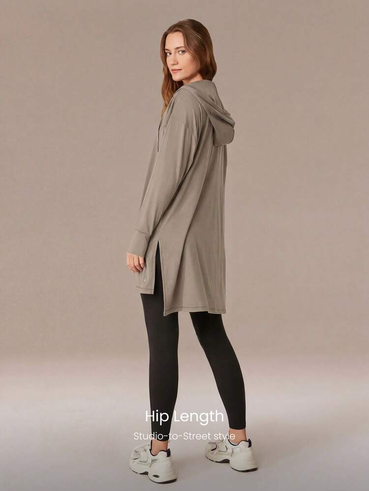 Cloudknit Soft Oversized Hip Length Adjustable Drawstring Long Sleeve Sweatshirt With Thumbholes Daily Casual   Spring Summer