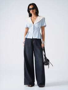 LYSMO 2026 New Arrive Minimalism Spring/Summer Women's Contrast Stripe Navy Collar Short Sleeve Single-Breasted Shirt,Summer Top - Blue - View 6