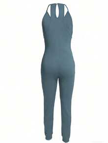 EMERY ROSE Women's Blue Knitted Spaghetti Strap Unitard Jumpsuit With Pockets Cropped Length Casual Style - Blue - View 5