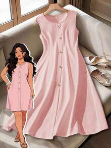 Plus Size Women's Solid Color Round Neck Sleeveless Elegant Slim Fit Work/Casual French Style Dress - Pink - View 1