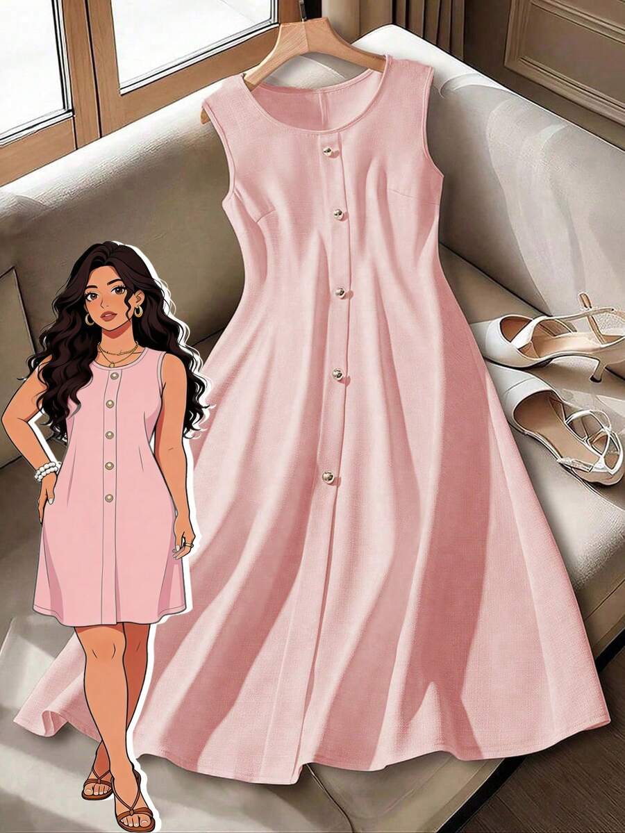 Plus Size Women's Solid Color Round Neck Sleeveless Elegant Slim Fit Work/Casual French Style Dress - Pink - View 1