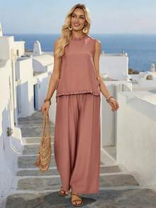 SHEIN LUNE Women's Dusty Rose Pleated Collar Top And Wide Leg Pants, Summer Casual 2 Pieces Set, Holiday Vacation Matching Sets, Country Style Blouse Coords - Brown - View 1