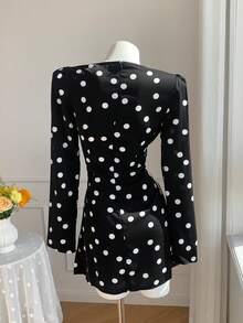 SHEIN EZwear Vestido mini ajustado con cuello con abertura y estampado de lunares elegante para mujer, primavera/otoño - Multicolor - Ver 2