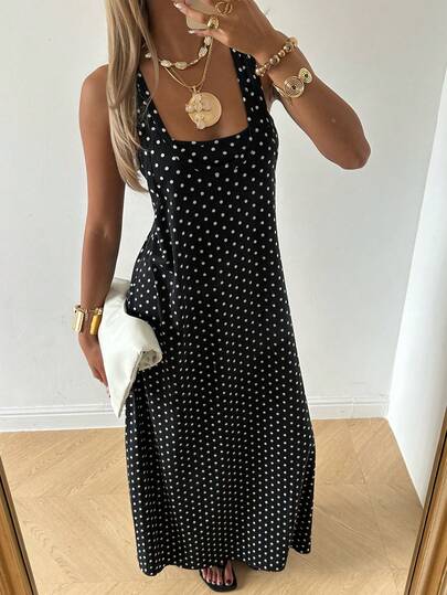 SHEIN EZwear فستان كنزة بدون أكمام بنقاط سوداء للنساء