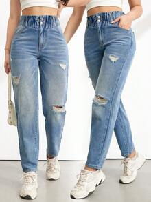 SHEIN Tall Quần jeans nữ cạp cao rách, kiểu dáng rộng rãi, cạp chun, thích hợp cho trang phục mùa hè thường ngày. Quần jeans nữ cạp chun, rách, ống côn. - Rửa trung bình - Xem 1