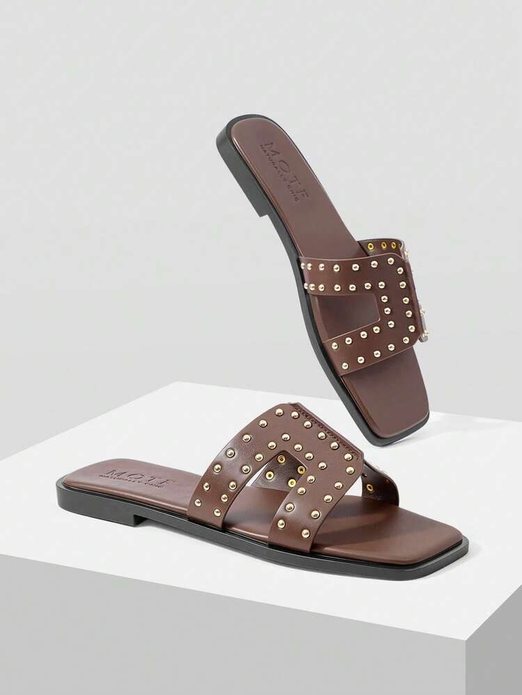 WOMEN'S SUMMER FASHION STREET CASUAL COMMUTE RIVET DECOR OPEN TOE FLAT SANDALS SPRING SHOES
