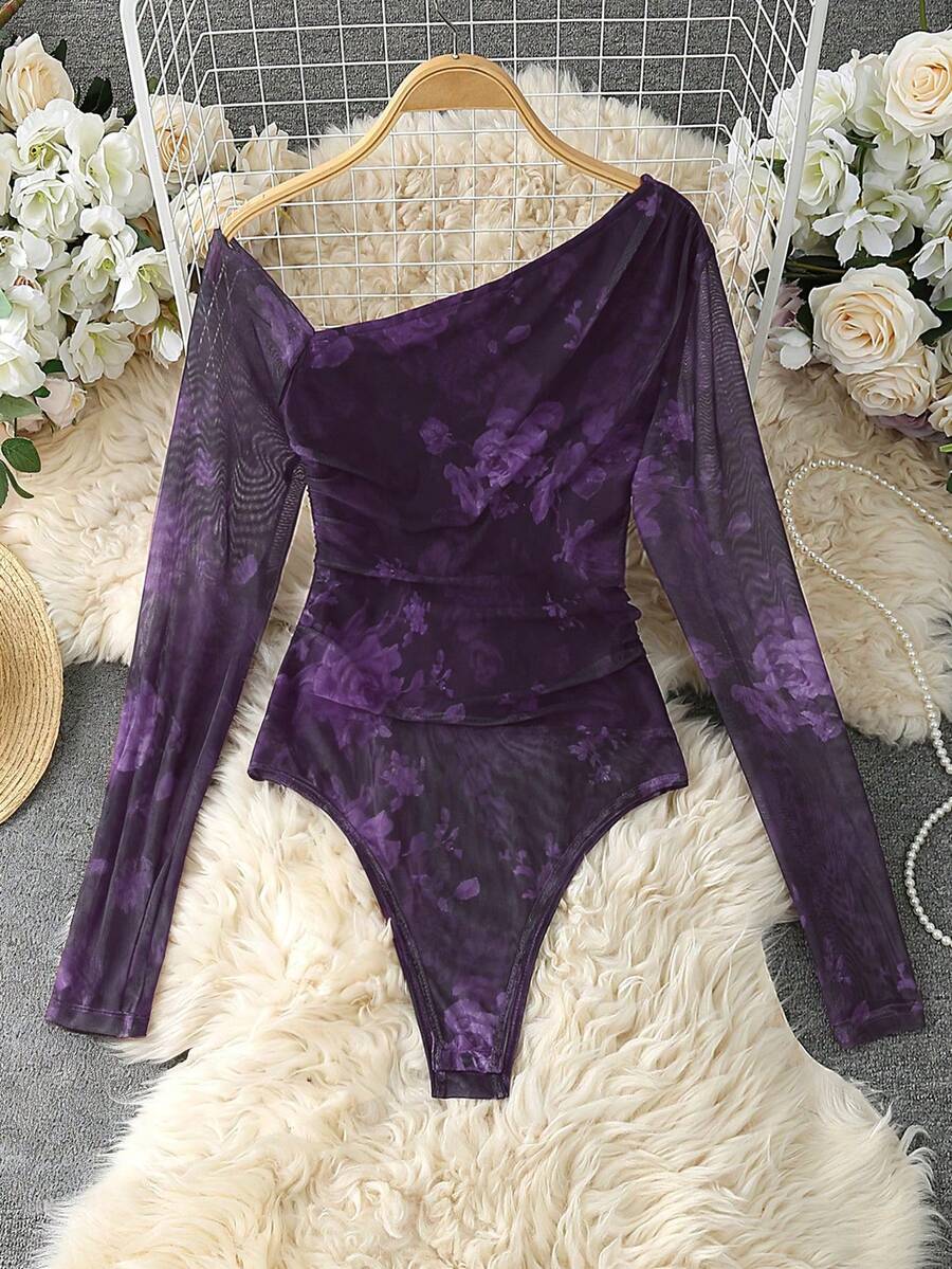SHEIN LUNE 女士时尚豹纹网纱透视露肩长袖连体衣 - 紫色 - 查看 1