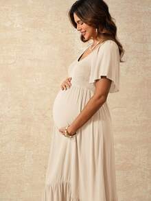 Boho Mama Maternity Elegant Shirred Ruffle Hem Vacation Dress For Summer - Khaki - View 4