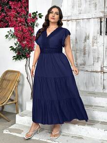 SHEIN Privé Đầm dài dáng chữ A tay ngắn, cổ chữ V, phối ren, cỡ lớn, thanh lịch. - Màu xanh hải quân - Xem 5